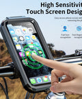 Person using IP66 Waterproof Bike Phone Mount With Aluminum Alloy Handlebar Base, Touchscreen Motorcycle Holder on bike handlebar