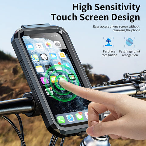 Person using IP66 Waterproof Bike Phone Mount With Aluminum Alloy Handlebar Base, Touchscreen Motorcycle Holder on bike handlebar