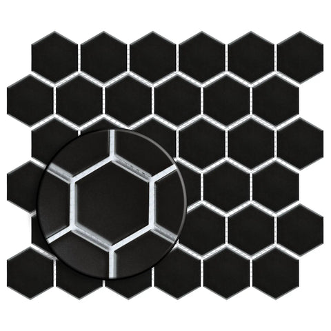 2-Inch Hex Matte Black Porcelain Mosaic Tile For Floors And Walls Mesh Mounted 11.13 x 12.63 Inches Grade 1 First Quality