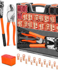 Battery Cable Lug Crimp Tool Kit With Copper Lugs Wire Cutter And Heavy Duty Case Works With AWG Ten To One Zero Gauge Includes 110 Cable Ends And 110 Pieces Of 3to1 Heat Shrink Tubing For Quick Secure Battery Connections displayed with tools and accessories
