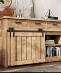 Wooden cabinet with Bypass Mini Barn Door Hardware Kit With Double Sliding Rollers In Black Powder Coat, solid steel construction.