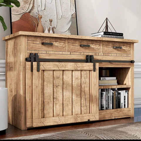 Wooden cabinet with Bypass Mini Barn Door Hardware Kit With Double Sliding Rollers In Black Powder Coat, solid steel construction.