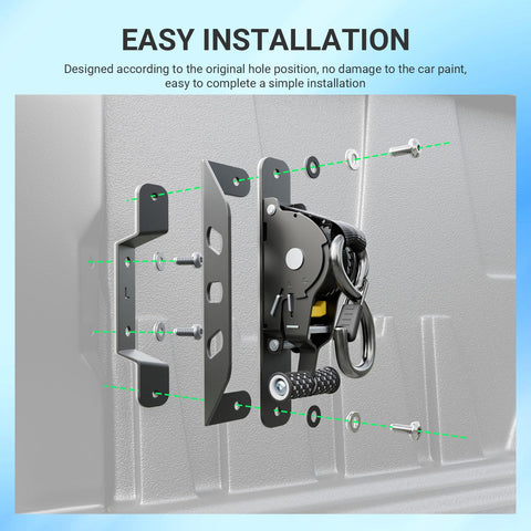 Installation guide for 2 Pack Retractable Ratchet Straps For Toyota Tundra 2022 Through 2026, showing mounting process in truck bed.