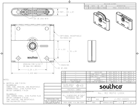 Technical diagram of Heavy Duty Roto Lock Kit With Concealed Panel Fastening Draw Latch Coffin Lock, includes R2-0055-02 and R2-0002-02.
