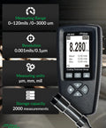 Rugged Coating Thickness Meter for Steel and Aluminum Structures, 0-3000µm Range, 0.001 Mil Resolution, External Probe, Fe/NFe Auto Detection, USB Data Export, Built for Inspectors, Contractors, and QC Pros On the Jobsite showing display and probe