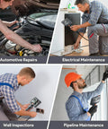 Dual Lens Articulating Borescope Endoscope With Light 5 Foot Reach 1080P HD Camera With Split Screen View And IPS Display Perfect For Auto Repair And Plumbing Inspections Easy To Use In Tight Spaces, shown for auto and pipe inspections