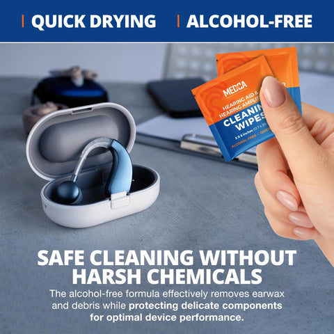 Two orange hearing aid cleaning wipe packets beside an open white case with a blue hearing aid.