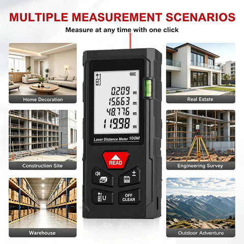 Laser Distance Meter 50m/164ft,Digital Laser Measuring Tool with 6 Modes Area/Volume/Pythagorean99 Data Memory,Backlit LCD,Bubble Level in various measurement scenarios.