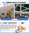 Heavy Duty Outdoor Awning Worm Gear Universal Aluminum Crank Handle Kit For Retractable Awnings 360 Degree Operation chart showing application scenario and angle adjustment