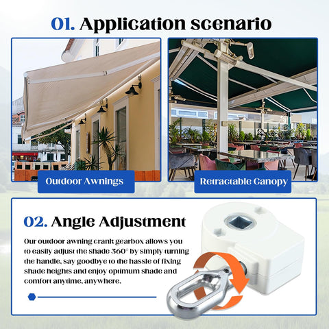 Heavy Duty Outdoor Awning Worm Gear Universal Aluminum Crank Handle Kit For Retractable Awnings 360 Degree Operation chart showing application scenario and angle adjustment