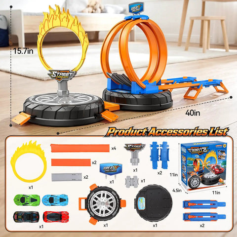 Rad Epic 360 Degree Loop Race Car Track Set With Fire Ring Stunt Includes Four One To Sixty Four Scale Cars in living room setting