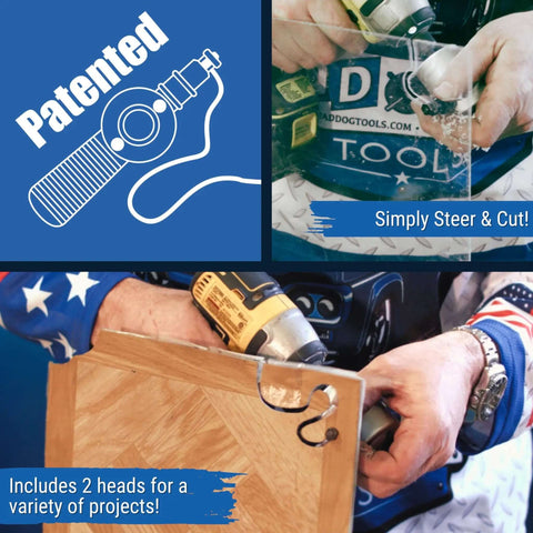 Using Drill Mounted Dual Head Nibbler Attachment with steerable heads for precision sheet metal and wood cutting.