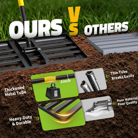 Comparison of Pro Grade 6 Ft Lawn Leveling Rake With 30x10 Wide Head And Round Edge vs others, showing durability and quality.