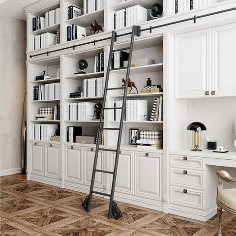 Rock Solid Ladder Sliding Hardware Kit With 20 Foot Barn Door Rail And Floor Casters For Quick Garage Or Closet Upgrade Smooth Glide Action And Reliable Snap Together Track, gray ladder on shelves.