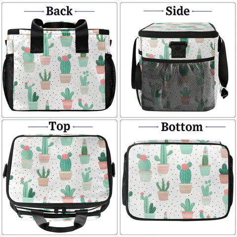 Insulated Picnic Backpack Cooler Tote For Women And Men Large 12x8.7x10 Inch Lunch Bag with cactus design showing back, side, top, bottom views