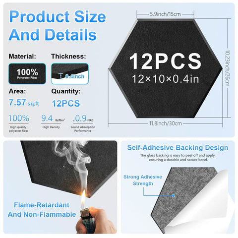 Hustle Free Peel And Stick Hexagon Acoustic Panels Self Adhesive Sound Deadening Foam Tiles 12 Pack Black size and material details.