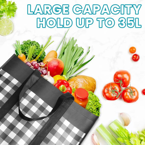 Oversized Foldable Grocery Tote Bags Four Pack With Reinforced Handles 35 Liter Capacity Water Resistant Coating Black And White