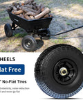 Heavy Duty Garden Dump Cart With 600 Lb Capacity And Flat Free Tires Quick Release Dump Wagon loaded with firewood, 10 inch tire detail