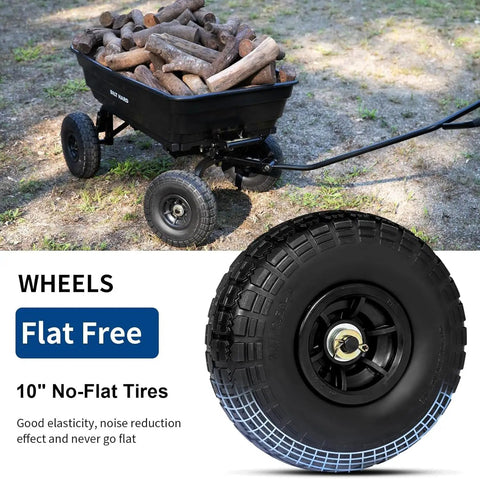 Heavy Duty Garden Dump Cart With 600 Lb Capacity And Flat Free Tires Quick Release Dump Wagon loaded with firewood, 10 inch tire detail