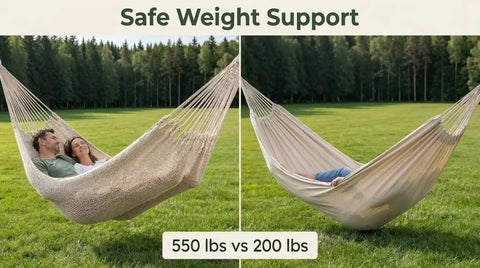 Two Person Hammock 79 By 59 Inches Cotton Rope Outdoor Camping Hammock With 550 Lb Weight Capacity, two adults relaxing