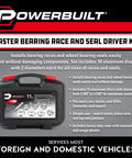 All In One 11 Piece Master Bearing Race And Seal Driver Tool Set With Heavy Duty Bearing Press Kit And Seal Installer For Bearing Installation In Cars Trucks And SUVs, Durable Storage Case featuring branded packaging with details.