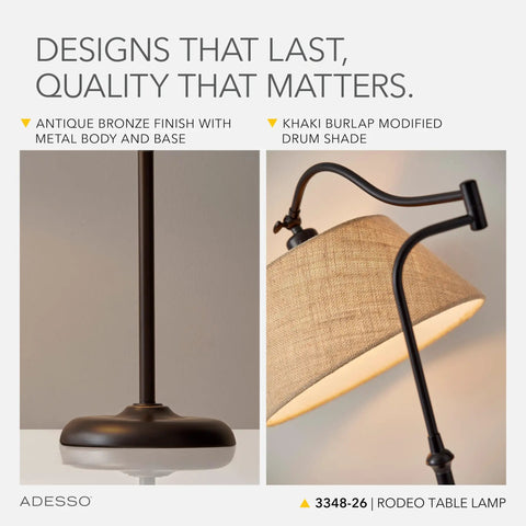 Antique Bronze Table Lamp With Burlap Shade, 180 Degree Adjustable Arm, metal base, side view, warm lighting, modern vintage look