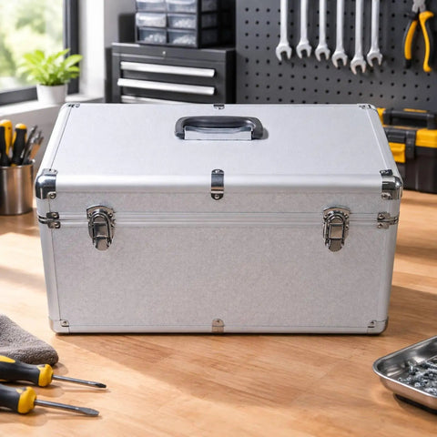 Silver Metal Tool Case With Ergo Grip Carrying Handle And Reinforced Corner Guards Built Different For Reliability During Harsh Field Repairs And Gear Storage With Multiple Secure Locking Clasps To Keep Your Wrenches Safe, closed view on workbench.