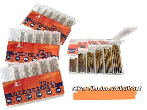 INTOO titanium drill bit set, 72 pcs in clear plastic cases; HSS bits for metal, plastic, wood, sizes 3/64–1/8 in