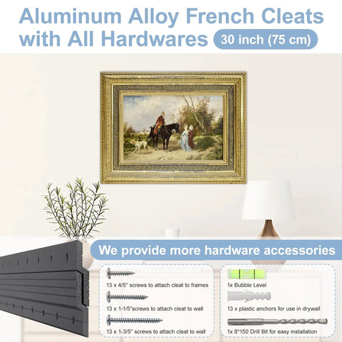 Heavy Duty French Cleat Hanger 30 Inch holding a framed painting, aluminum alloy, provides zero sagging support for artwork.