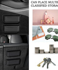 Sunglasses Holder Center Console Organizer Tray for Tesla Model Y and Model 3 with silicone hook, showing multiple storage uses.