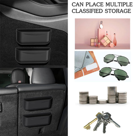 Sunglasses Holder Center Console Organizer Tray for Tesla Model Y and Model 3 with silicone hook, showing multiple storage uses.