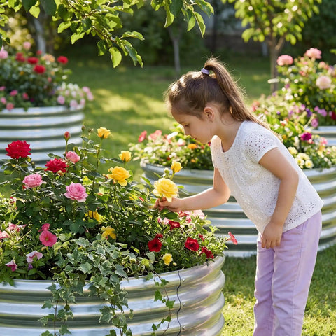 Child admiring flowers in 3-Pack Round Galvanized Raised Garden Bed Kit 2 By 2 By 1 Foot Outdoor Planter Metal Flower Box