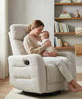 Woman with baby on 360 Degree Swivel Glider Rocker Recliner Chair, beige fabric, manual recline, living room setting, side pull handle visible