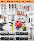 300 Piece Pegboard Accessories Kit With Heavy Duty Hooks And Bins For Garage Wall Organization And Tool Storage Including Peg Locks One Quarter Inch Hooks For Pliers Holders And Multi Tool Racks on display with tools and bins.