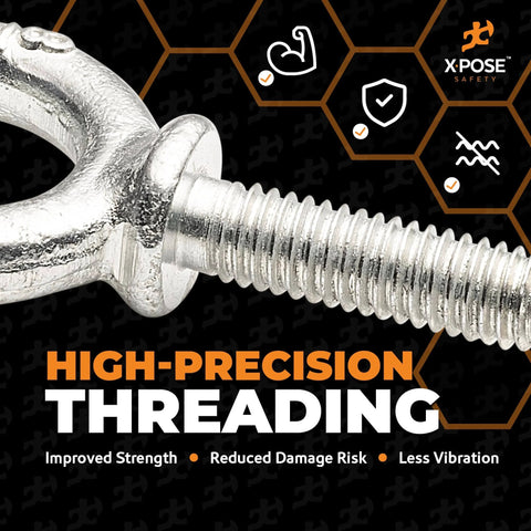 Close-up of Heavy Duty Three Eighths Inch Threaded Eye Bolt Sixteen Threads Per Inch One And One Quarter Inch Shoulder Galvanized Steel Industrial Strength Lifting Eye Bolts For Machinery Hoists Anchors Towing And More 12 Pack displaying threading detail labeled 'High-Precision Threading'