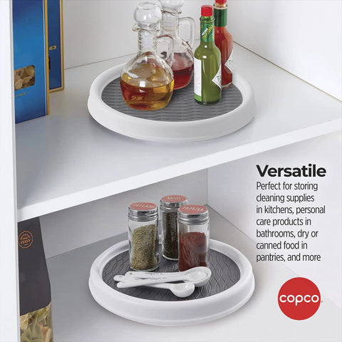9 Inch Non Slip Pantry Cabinet Lazy Susan Turntable Set Of 2 Spinning Organizer in white and gray in kitchen cabinet