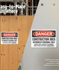 Heavy Duty Aluminum Danger Sign For Construction Area Locking Out Unauthorized Crews With Straight Up Rust Resistant Outdoor Wall Mounts For Any Day One Job Site Project displayed on wood and concrete.