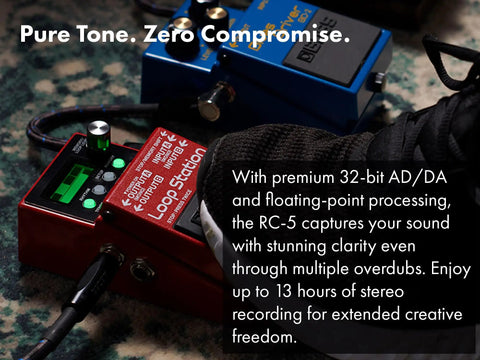Close-up of RC-5 Loop Station High Resolution 32-Bit AD/DA and 32-Bit Float Processing Looper next to guitar pedal cables.