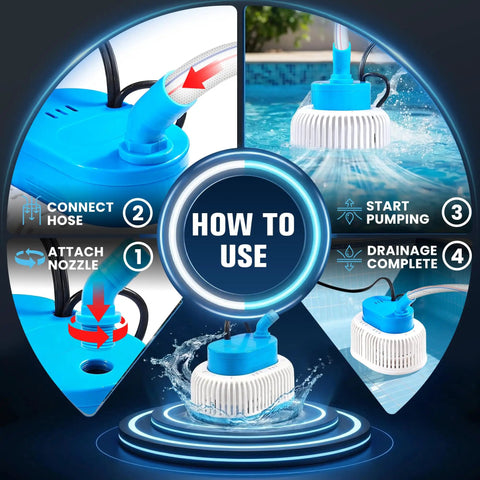 Steps to use Upgraded Pool Cover Pump For Above Ground Pools With LED Lights Submersible Water Removal Pump with hose and nozzle.