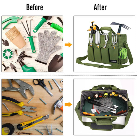 Before and after use of Heavy Duty 900D Garden Tote Bag With Standable Base The Workhorse Of Your Garden Tools With Ample Pockets And Long Adjustable Shoulder Strap The Ultimate Home Garden Tool Organizer For Tools And Supplies 14 Inch Kit Holder
