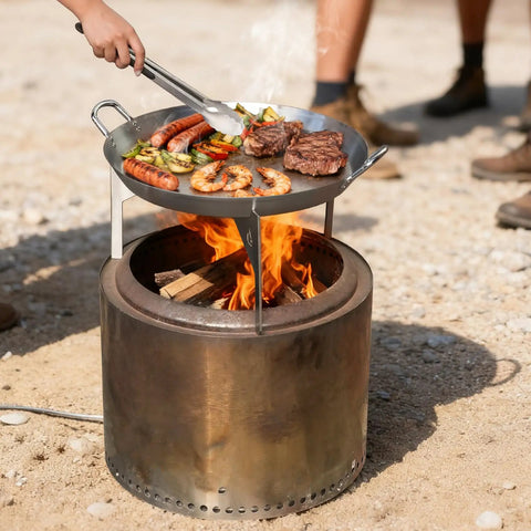 Stainless Steel Grill Cookware For Solo Stove Bonfire 19.5 Inch Fire Pit Portable Round Grilling Pan With Legs For Outdoor BBQ Camping And Backyard Cooking Adventures being used to grill food over an open flame.