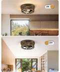 Industrial 15 Inch 3 Light Metal Cage Flush Mount Ceiling Light In Oil Rubbed Bronze Retro Vibe Farmhouse Style Lit and Unlit