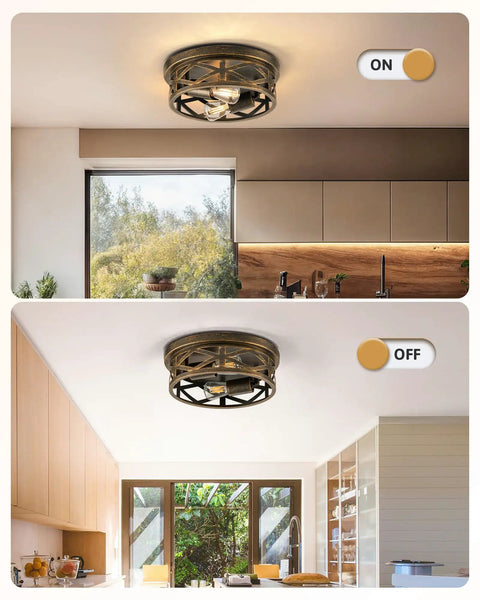 Industrial 15 Inch 3 Light Metal Cage Flush Mount Ceiling Light In Oil Rubbed Bronze Retro Vibe Farmhouse Style Lit and Unlit