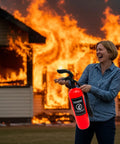 Woman holding Inflatable Fire Extinguisher Prop For Firefighter Costumes And Themed Parties in front of burning house