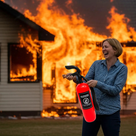 Woman holding Inflatable Fire Extinguisher Prop For Firefighter Costumes And Themed Parties in front of burning house