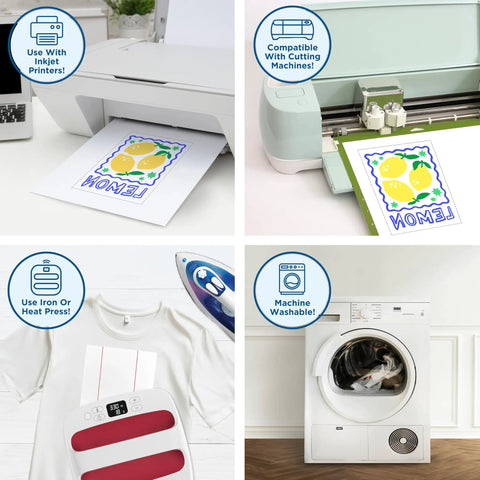 Images showing Lightweight Inkjet Printable Heat Transfer Paper for Light Fabrics Iron On HTV Sheets 8x11 Inches 25 Sheets Made In USA in various use cases