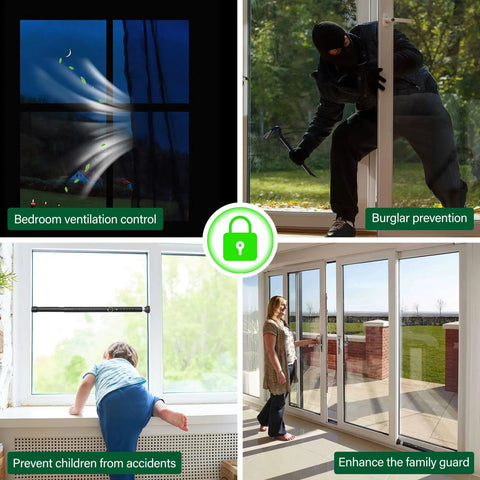 2 Pack Adjustable Window And Sliding Door Security Bar For Inside Use No Drilling Installation Heavy Duty Steel With Anti Slip Rubber Tips Fits 17 To 50 Inches Ideal For Apartments Patios And Sliding Glass Doors installed in various scenarios including child safety and burglary prevention.