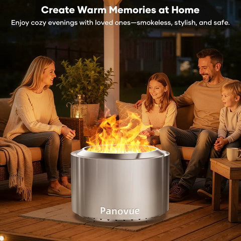 Family enjoying a Smokeless 22 Inch Stainless Steel Wood Burning Outdoor Fire Pit For Patio And Backyard Perfect For Camping And Outdoor Gatherings Dual Wall Airflow With Secondary Combustion And Removable Ash Pan on patio