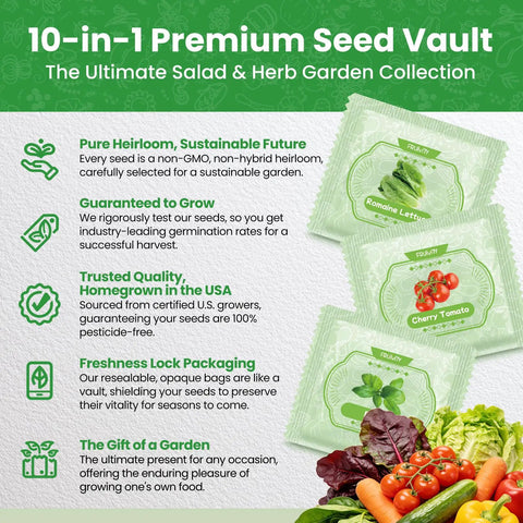 10 Heirloom Vegetable Seeds Variety Pack With 3200 Seeds For Indoor Outdoor Garden, Easy To Grow Starter Kit packaging