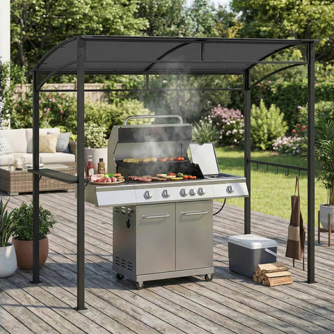 7 Foot Grill Gazebo With Serving Shelf And Storage Hooks Curved Canopy Shelter With Heavy Duty Steel Frame And Sunshade Awning